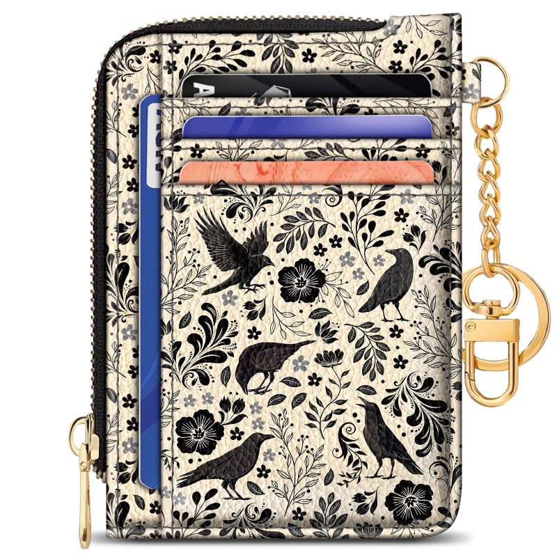 GIANCOMICS Slim Wallet Credit Card Holder Women, Goth Crow Rfid Blocking Small Card Case, Keychain Thin Pocket Curved Zipper Wallet, Travel Card Holder PU Leather ID Window, Ladies Female Gifts - Image 1