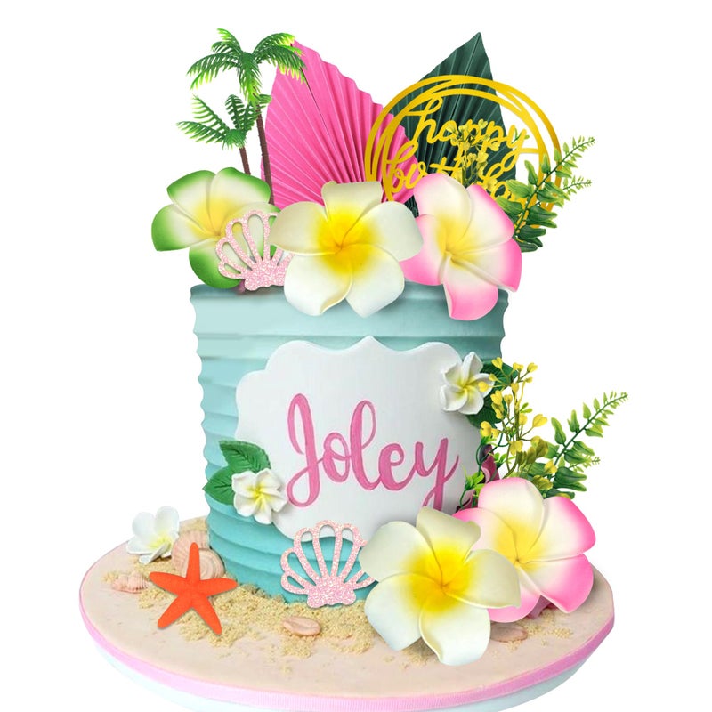 ZXSWEET زينة كعكة زهور الصيف زينة كعكة نجمة البحر شجرة جوز الهند زهور الكركديه زينة كعكة لمستلزمات حفلات هاواي الشاطئية الاستوائية - Image 2