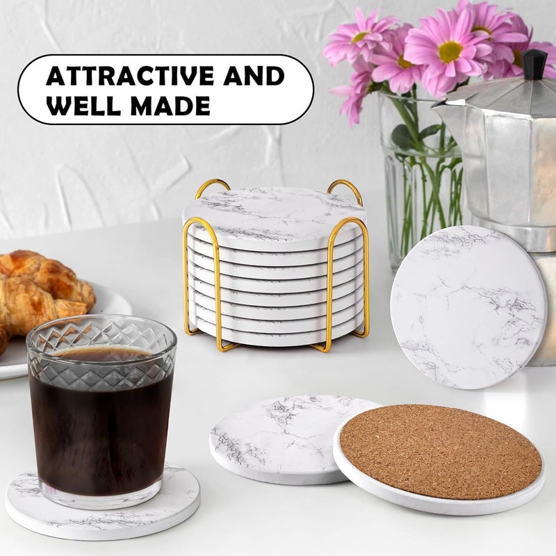 GOH DODD Coasters for Drinks Set of 8, Absorbent Stone Marble Style Ceramic Coaster Tabletop Protection Home Decor with Metal Holder for Coffee Table Housewarming Gifts Wedding Party, White, 4 Inches - Image 2