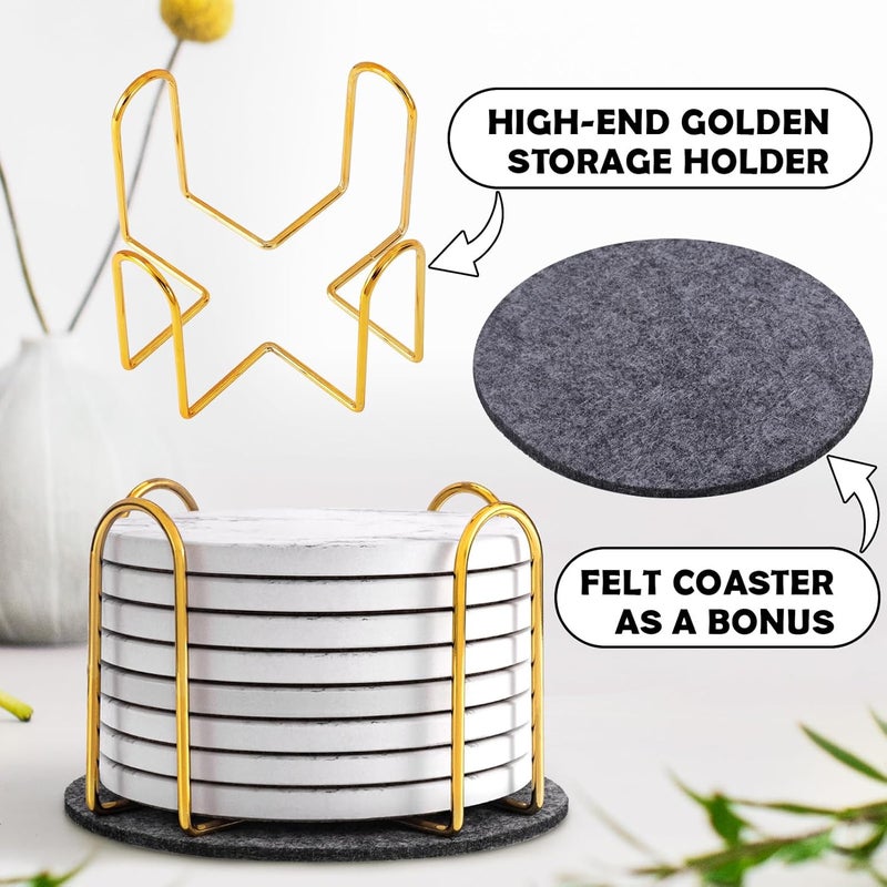 GOH DODD Coasters for Drinks Set of 8, Absorbent Stone Marble Style Ceramic Coaster Tabletop Protection Home Decor with Metal Holder for Coffee Table Housewarming Gifts Wedding Party, White, 4 Inches - Image 5