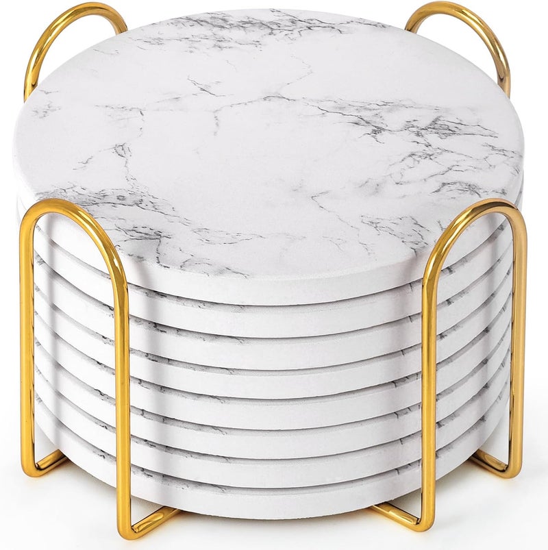 GOH DODD Coasters for Drinks Set of 8, Absorbent Stone Marble Style Ceramic Coaster Tabletop Protection Home Decor with Metal Holder for Coffee Table Housewarming Gifts Wedding Party, White, 4 Inches - Image 1