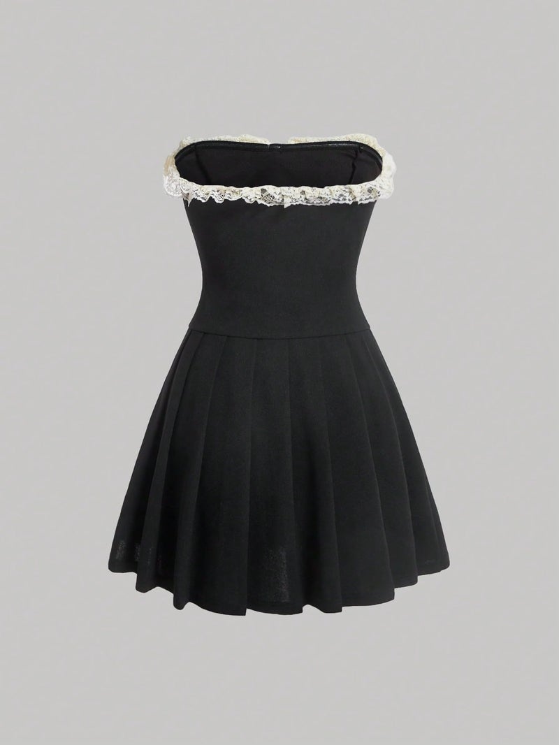 BEAUDRM Women's Y2K Strapless Mini Dress Pleated Party Rave Club Dance Dresses Cute Bow Sleeveless Going Out Date Sundress Black Small - Image 2