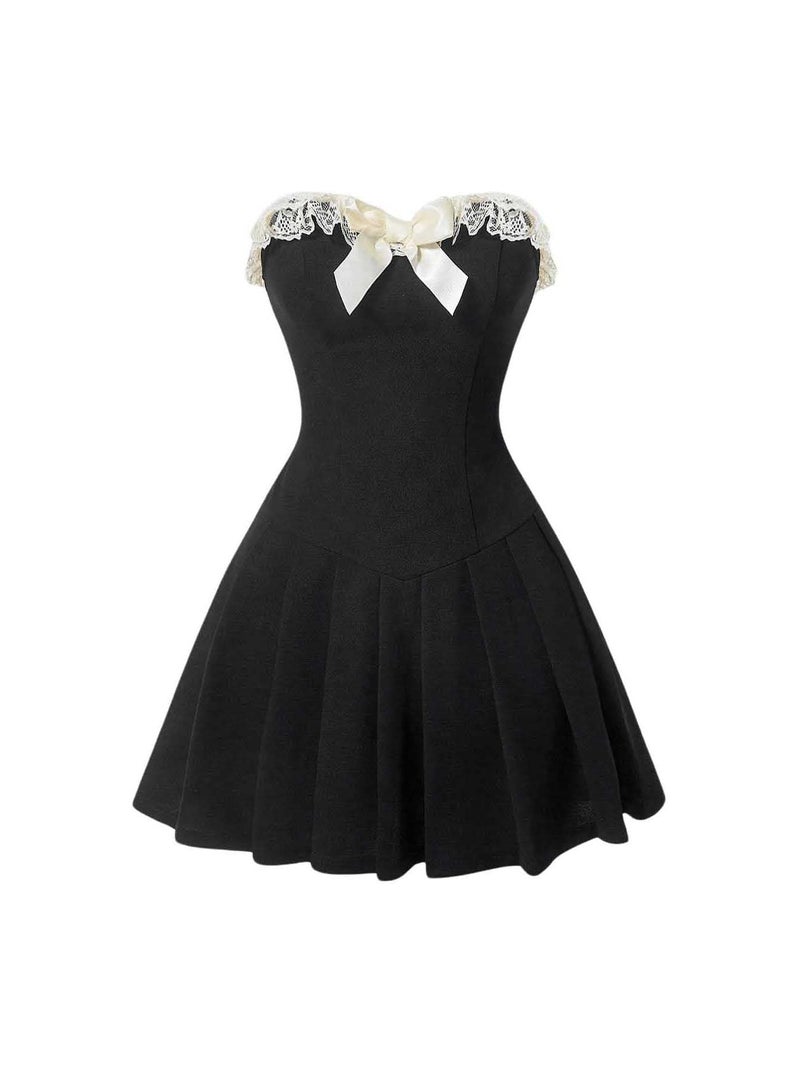 BEAUDRM Women's Y2K Strapless Mini Dress Pleated Party Rave Club Dance Dresses Cute Bow Sleeveless Going Out Date Sundress Black Small - Image 5