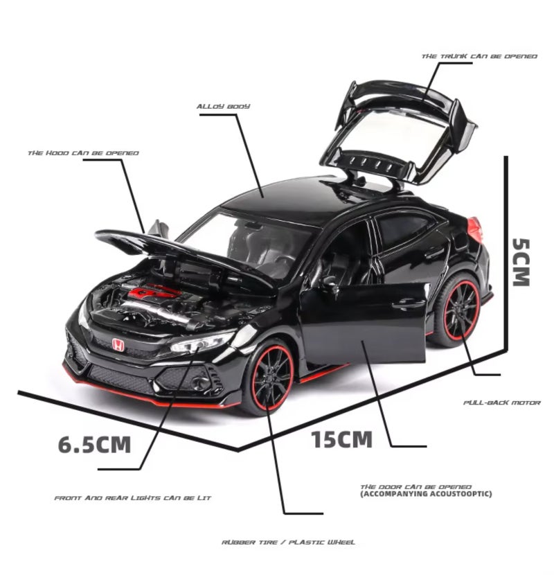 1:32 Scale Zinc Alloy Model Car - Pull-Back Interactive Function Collectible Civic Type-R for Car Enthusiasts Kids Aged 6+ Home Decor - Image 2
