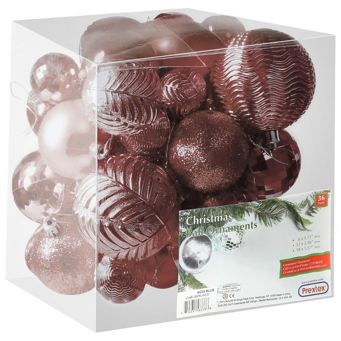 36PIECE ROSE GOLD CHRISTMAS ORNAMENTS SET SHATTERPROOF TREE BALLS IN 6 STYLES AND 3 SIZES WITH HANGING LOOPS TO DECORATE CHRISTMAS TREE IDEAL FOR INDOOR AND OUTDOOR HOLIDAY DECOR