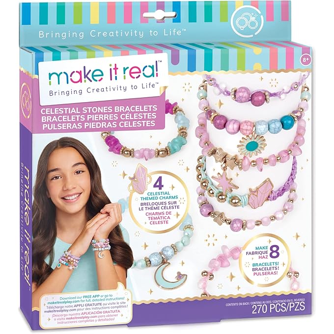 Make It Real Celestial Stones Bracelets Kit - Create 8 Fashionable Bracelets, 4 Celestial Charms, 270 Pieces, Includes Play Tray, All-in-One, DIY Jewelry Kit, Tweens & Girls, Arts & Crafts, Ages 8+