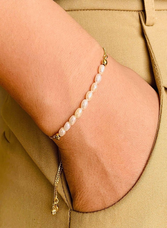 SUMMER LOVE Dainty Gold And Pearl Bracelet | 18K Gold Plated Freshwater Cultured Pearl Bracelet for Women Adjustable Chain (Gold) - Image 3