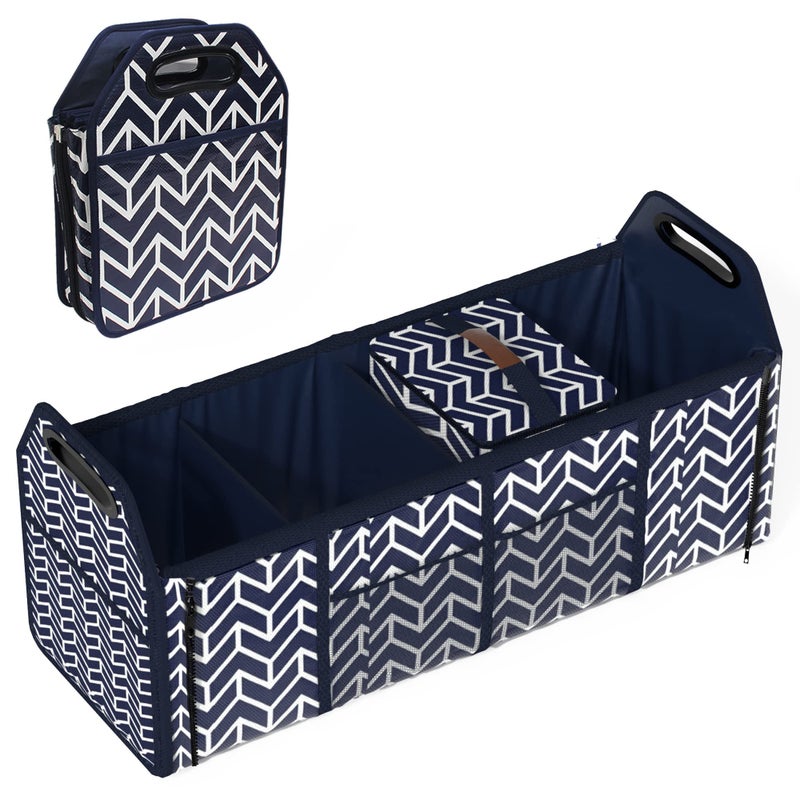 Orionstar Trunk Organizer for car, Foldable Car Storage Bag Portable Insulation Cooler Bag Collapsible Vehicle Organizer Divider Storage Totes with 4 Compartment Cargo Tote for Groceries Caddy SUV, Navy Blue - Image 1