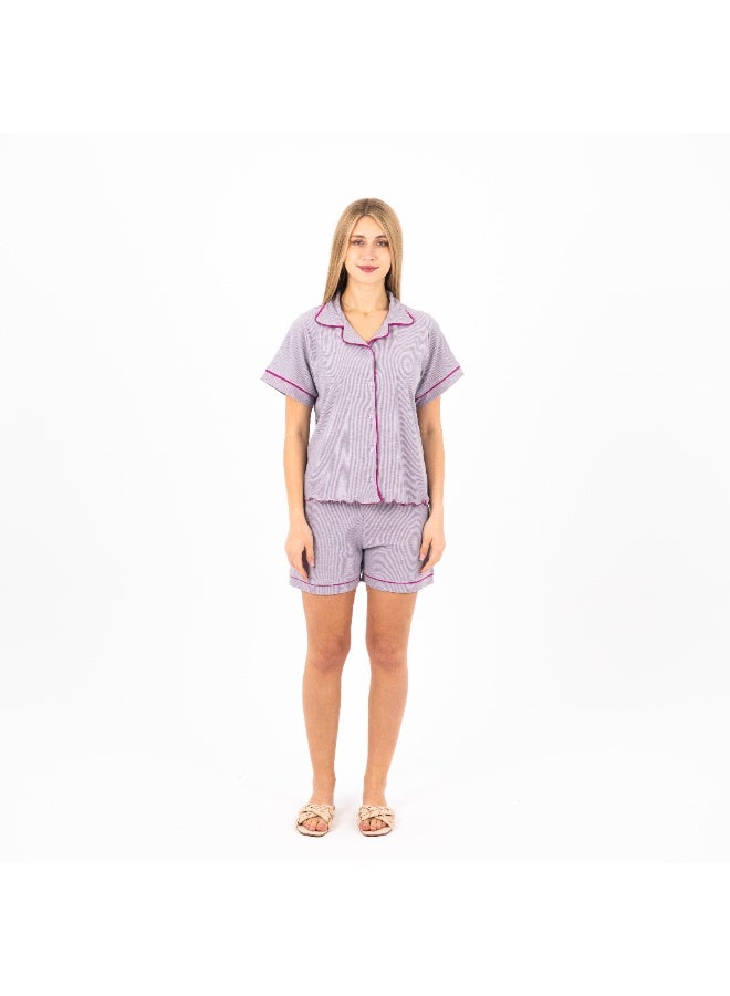zecotex  Women's 2-Piece Loungewear Set - Soft Ribbed Cotton - Button-Down Shirt & Comfortable Shorts - Striped Design with Contrast Piping. - Image 1
