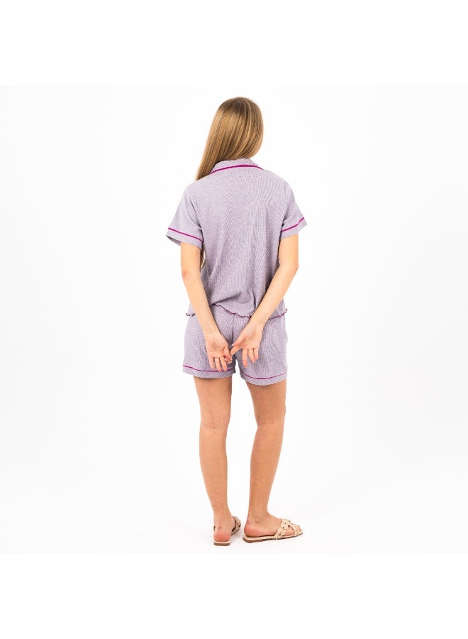 zecotex  Women's 2-Piece Loungewear Set - Soft Ribbed Cotton - Button-Down Shirt & Comfortable Shorts - Striped Design with Contrast Piping. - Image 4