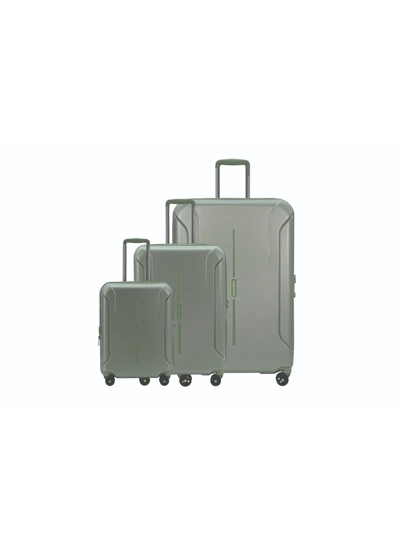 AMERICAN TOURISTER American Tourister Technum Suitcase Set of 3, Cabin, Medium & Large (55 + 68 + 77 cm), 4 Spinner Wheels, Hard Top, Polycarbonate, Urban Green|DuoSaf™ Security Zipper|Dual Tube Pull Handle|Expandable - 3 Years Global Warranty