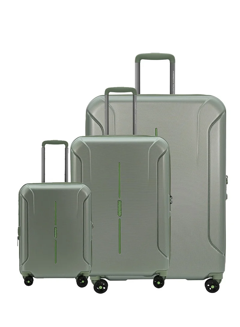 American Tourister Technum Suitcase Set of 3, Cabin, Medium & Large (55 + 68 + 77 cm), 4 Spinner Wheels, Hard Top, Polycarbonate, Urban Green|DuoSaf™ Security Zipper|Dual Tube Pull Handle|Expandable - 3 Years Global Warranty