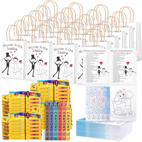 Mooliwe 96 Pcs Wedding Activity Set Include 24 Coloring Books 24 Favor Bags 24 Crayons 24 Scavenger Hunt Sheets for Wedding Activities Game Favor Entertainment Party Supplies - Image 1
