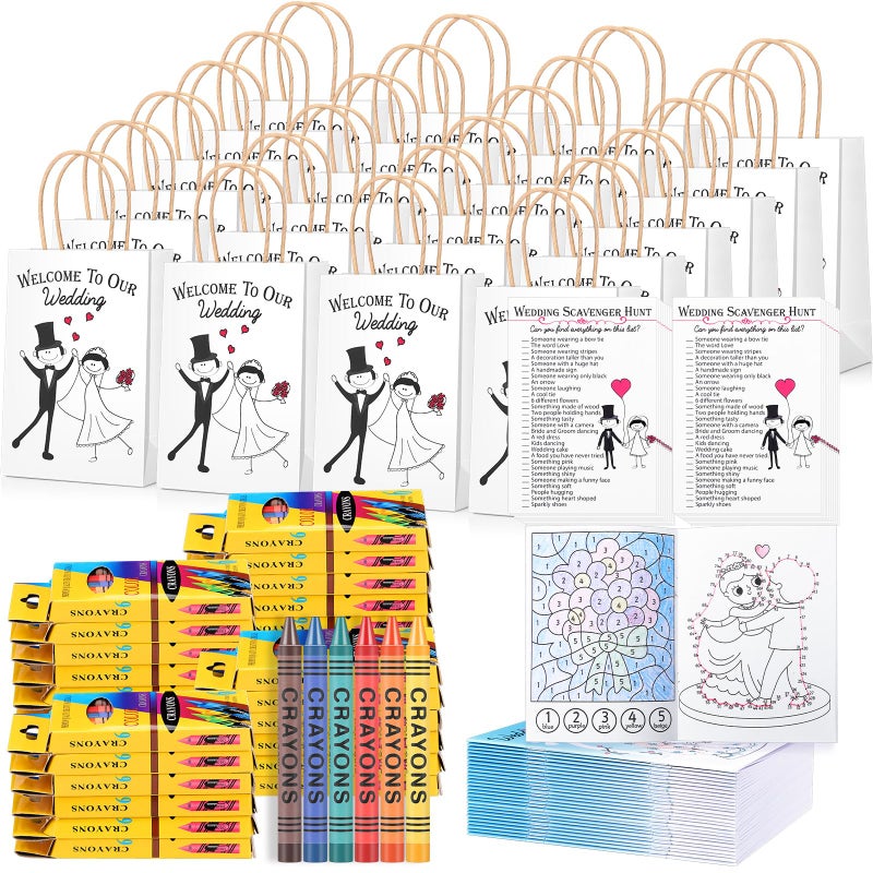 Mooliwe 96 Pcs Wedding Activity Set Include 24 Coloring Books 24 Favor Bags 24 Crayons 24 Scavenger Hunt Sheets for Wedding Activities Game Favor Entertainment Party Supplies - Image 3