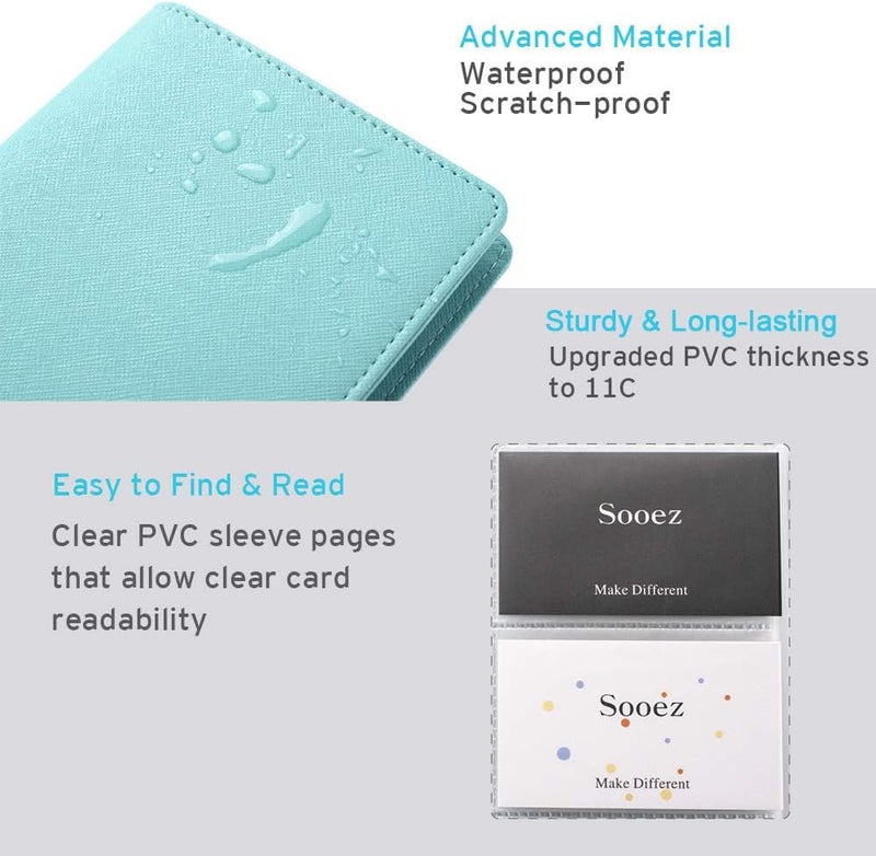 Sooez Leather Professional Business Card Book Holder Organizer, 240 Capacity Credit Card Booklet, PU Name Cards Holder Storage File for Men Women, Mint Green - Image 4