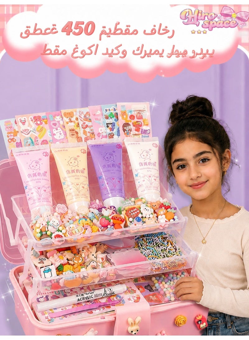 Hirospace 450 Pcs DIY Whipped Cream Clay Glue Craft Kit for Kids, Pink Edition, Multicolor Creative Art Set with Cartoon Stickers, Accessories & Keychains, Portable Storage Box, Handmade Gift Toy for Girls - Image 1