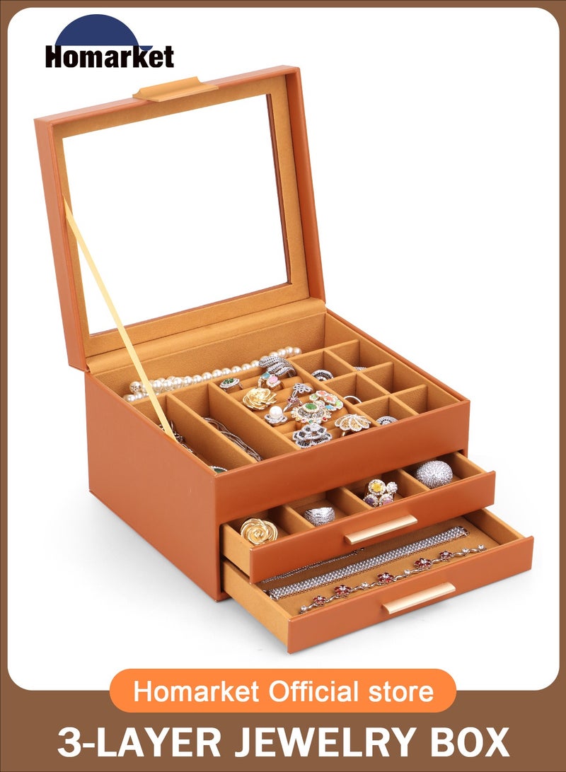 HomarKet Jewelry organizer,Jewelry boxes for women,3 Layers Jewelry Storage Display Box with Glass Lid,Gift for Birthday and Anniversary,3 Drawers,Large Capacity for Necklace Earrings Bracelets Rings,Brown - Image 1