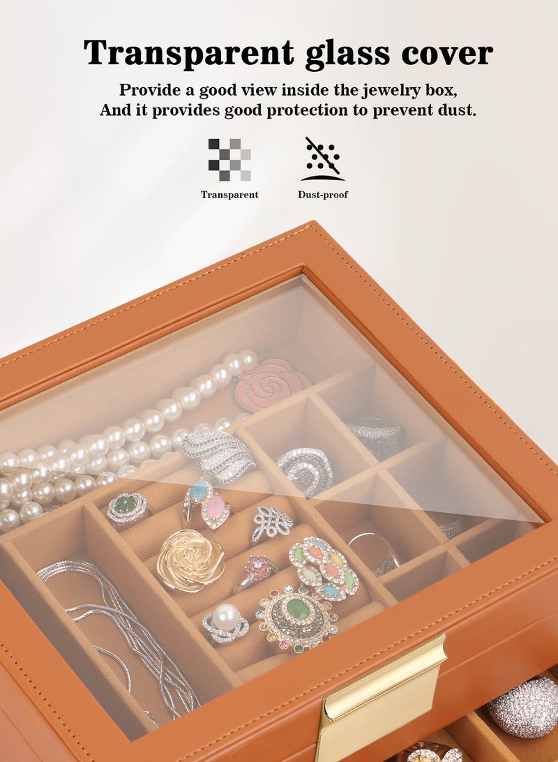 HomarKet Jewelry organizer,Jewelry boxes for women,3 Layers Jewelry Storage Display Box with Glass Lid,Gift for Birthday and Anniversary,3 Drawers,Large Capacity for Necklace Earrings Bracelets Rings,Brown - Image 4
