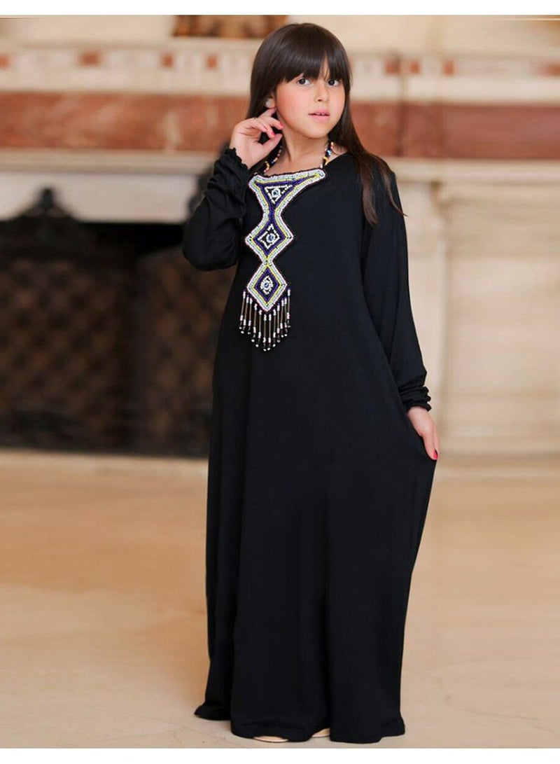 فول جوي اسدال صلاة بناتي من القطن الليكرا مع طرحة منفصلة وعقد ,أسود - Image 1