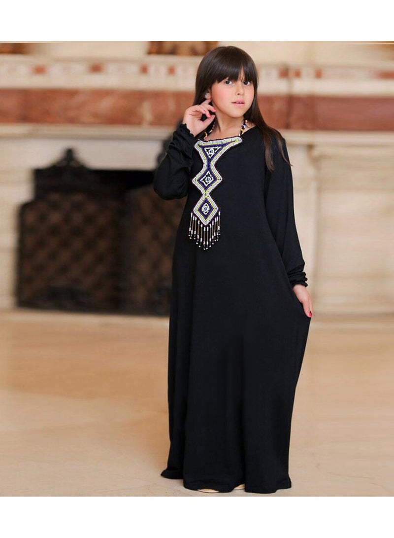 فول جوي اسدال صلاة بناتي من القطن الليكرا مع طرحة منفصلة وعقد ,أسود - Image 2