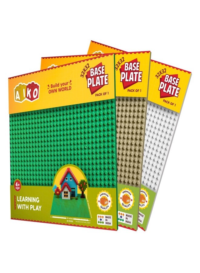 AIKO Classic Base Plate 32 x 32 Studs (10" x 10") | ABS Plastic Building Base | Compatible with Major Block Brands | Ideal Gift for Kids 4+ | Pack of 3 (Green, Beige, White) - Image 1