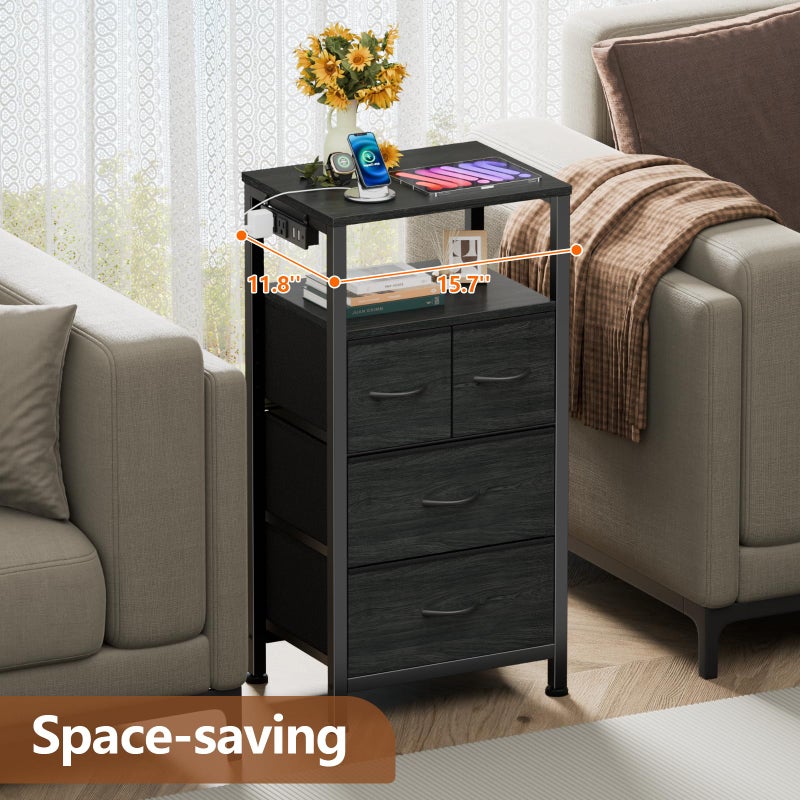 Furnulem Tall Night Stand with Charging Station and Led Light, Small Dresser with Open Shelf and 4 Storage Drawers, Black Side Table Fabric Nightstand for Bedroom, Entryway, Bedside Furniture - Image 5