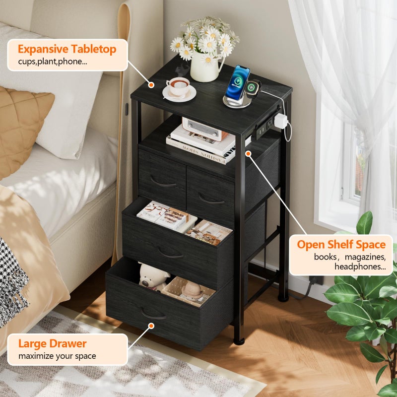 Furnulem Tall Night Stand with Charging Station and Led Light, Small Dresser with Open Shelf and 4 Storage Drawers, Black Side Table Fabric Nightstand for Bedroom, Entryway, Bedside Furniture - Image 3