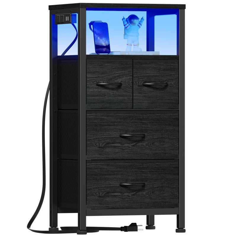 Furnulem Tall Night Stand with Charging Station and Led Light, Small Dresser with Open Shelf and 4 Storage Drawers, Black Side Table Fabric Nightstand for Bedroom, Entryway, Bedside Furniture - Image 1