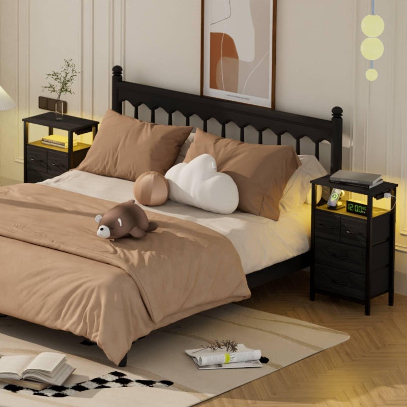 Furnulem Tall Night Stand with Charging Station and Led Light, Small Dresser with Open Shelf and 4 Storage Drawers, Black Side Table Fabric Nightstand for Bedroom, Entryway, Bedside Furniture - Image 2