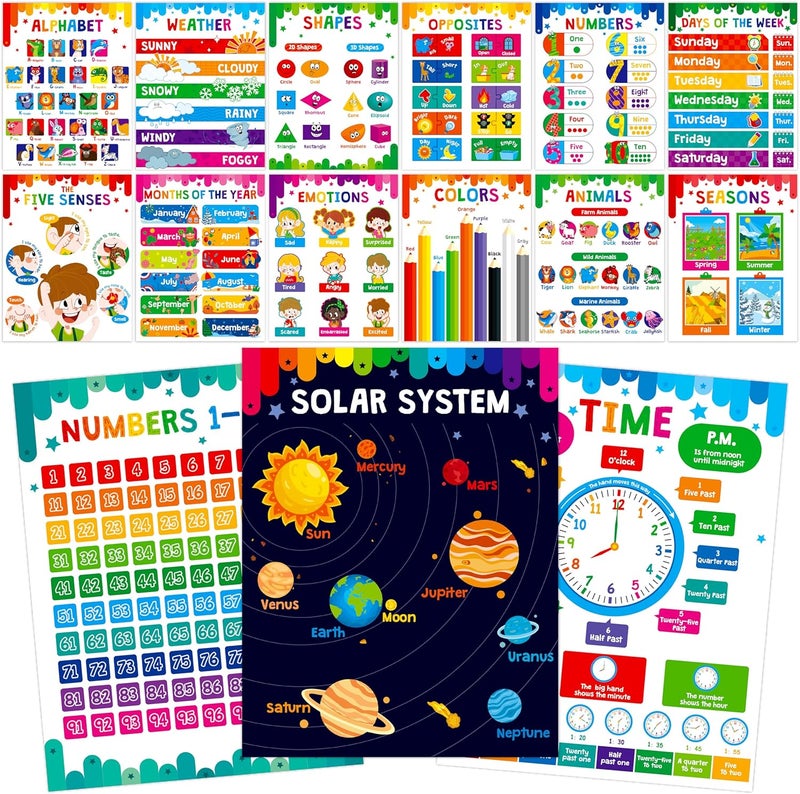 SpriteGru 15 Packs Educational Poster, Thick Early Learning Posters Waterproof & Tear Proof with PET Film, Alphabet/Animals/Opposites/Emotions/Numbers Posters for Kindergarten Preschool Toddlers (14.5”x11”) - Image 1