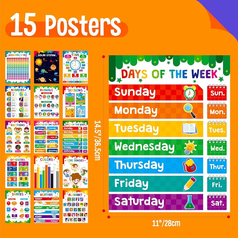 SpriteGru 15 Packs Educational Poster, Thick Early Learning Posters Waterproof & Tear Proof with PET Film, Alphabet/Animals/Opposites/Emotions/Numbers Posters for Kindergarten Preschool Toddlers (14.5”x11”) - Image 2