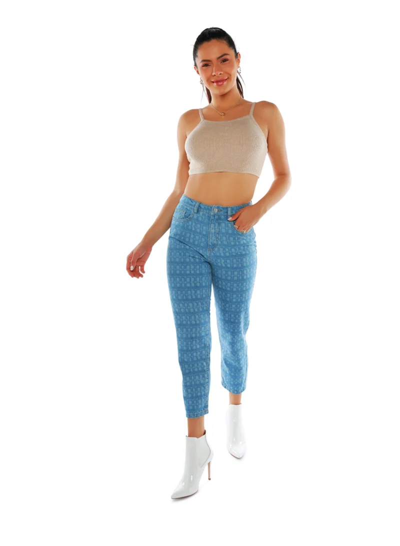 London Rag Printed Mom Fit Blue Jeans Pants