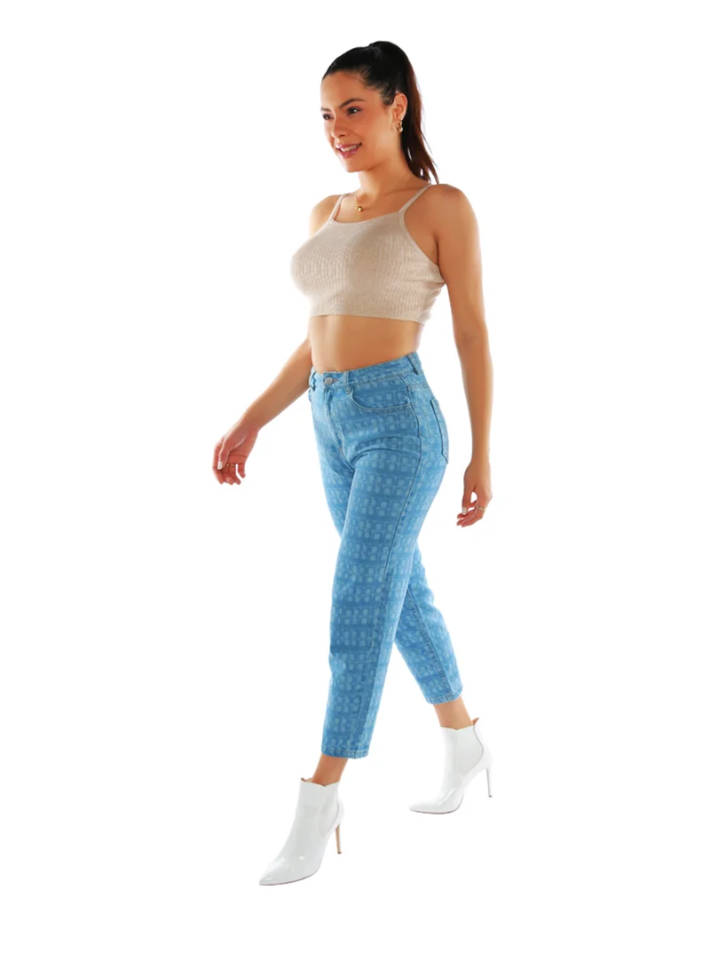 London Rag Printed Mom Fit Blue Jeans Pants