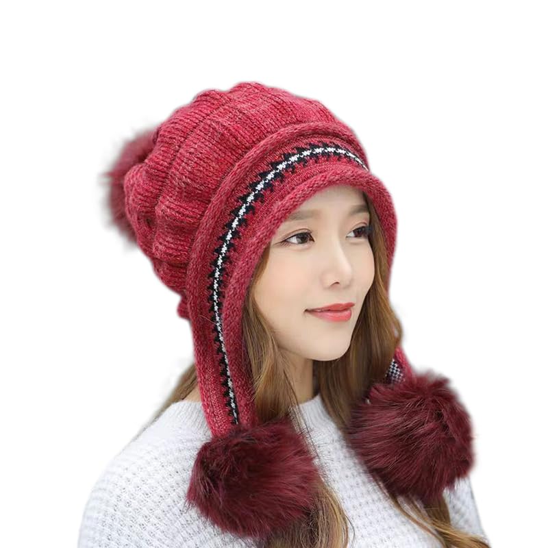 XYX Winter Warm Elastic Soft Ear Protection Knitted Sherpa Ski Hats Fleece Lined Peruvian Cover Ears Beanie Hat (US, Alpha, One Size, H1-red) - Image 1