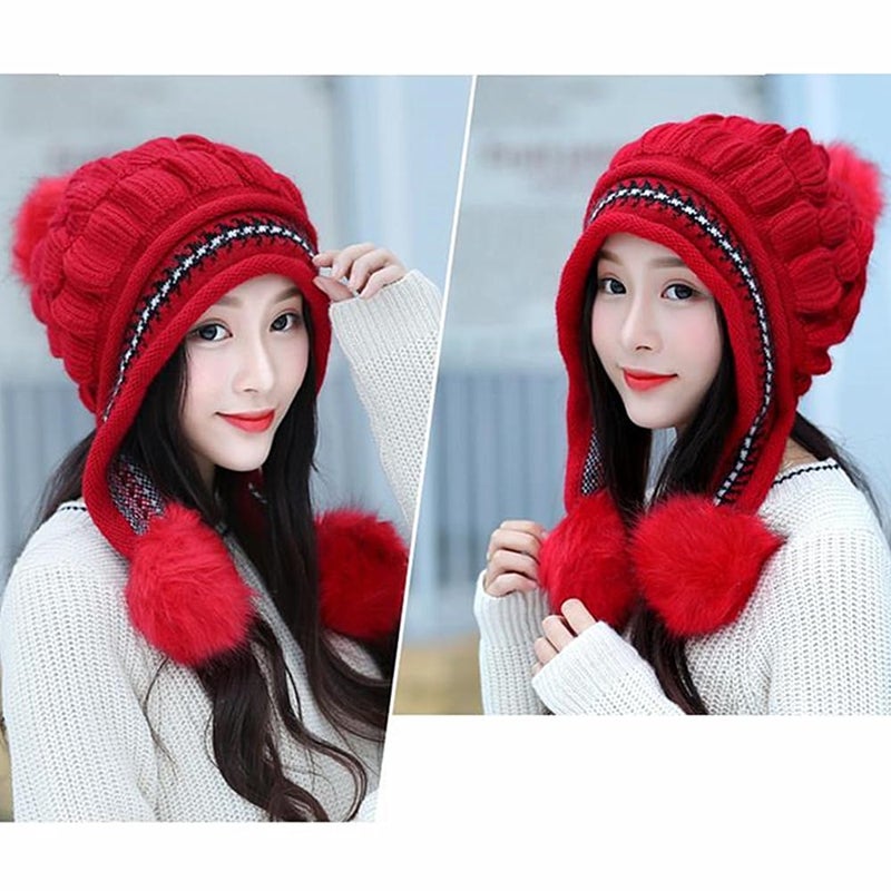 XYX Winter Warm Elastic Soft Ear Protection Knitted Sherpa Ski Hats Fleece Lined Peruvian Cover Ears Beanie Hat (US, Alpha, One Size, H1-red) - Image 2