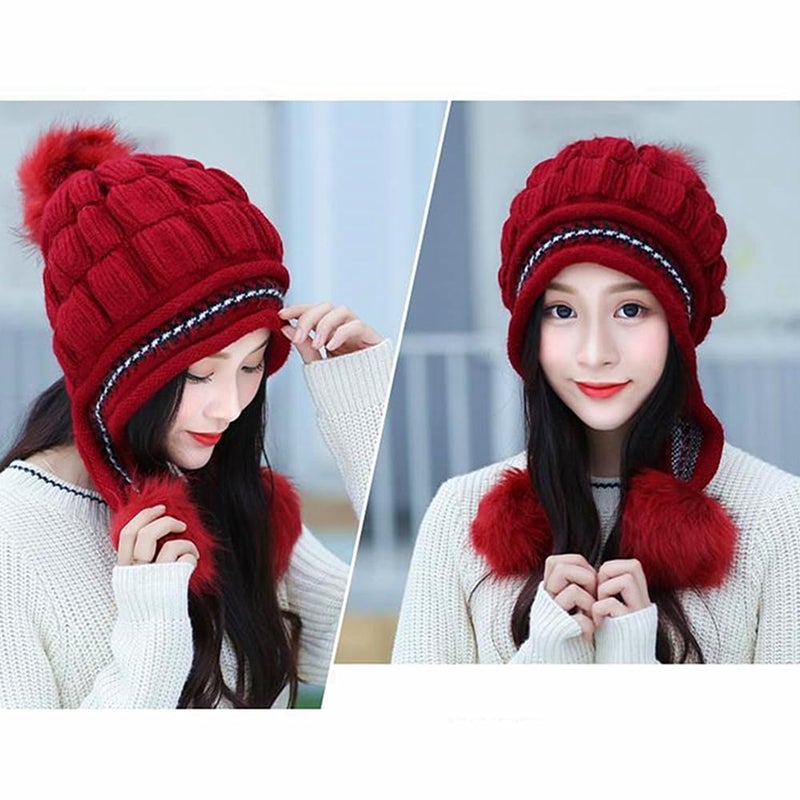 XYX Winter Warm Elastic Soft Ear Protection Knitted Sherpa Ski Hats Fleece Lined Peruvian Cover Ears Beanie Hat (US, Alpha, One Size, H1-red) - Image 3