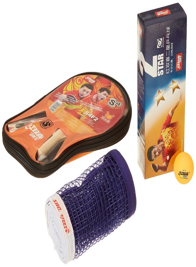 DHS Wood Tennis Bat S-S4F2 With TT Ball 40MM 2 STAR ORANGE (20 Pcs Box) And TT NET 409 - Image 1