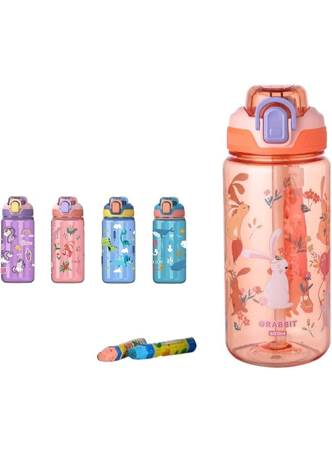 Portable Kids Water Bottle for School or Travel, 600ml Durable Plastic Water Bottle with Silicone Straw and Pop-Up Spout Cover, BPA Free & Dishwasher Safe, Sport Bottle for Girls Boys (Orange) - Image 2