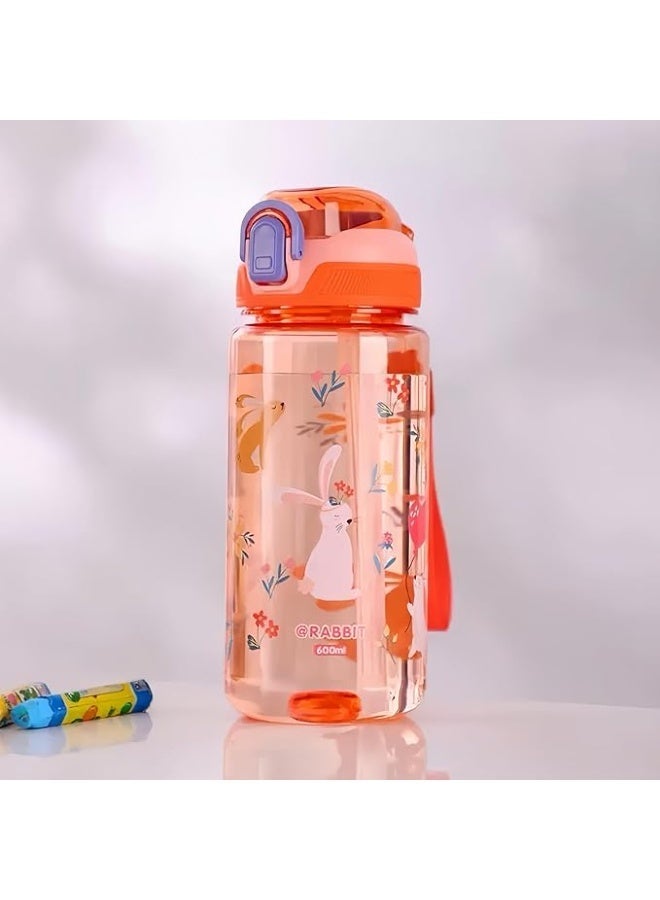 Portable Kids Water Bottle for School or Travel, 600ml Durable Plastic Water Bottle with Silicone Straw and Pop-Up Spout Cover, BPA Free & Dishwasher Safe, Sport Bottle for Girls Boys (Orange) - Image 1