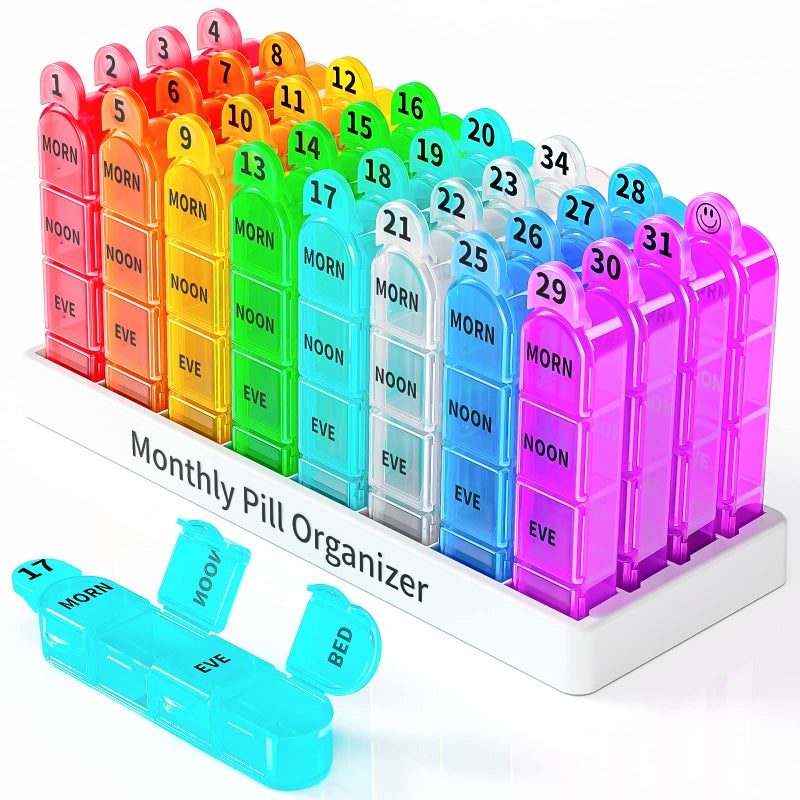 Odaro Monthly Pill Organizer 4 Times a Day, 30 Day Pill Organizer, Monthly Pill Box 4 Times a Day Organizer, Portable Pill Case Organizerï¼ˆRainbowï¼‰ - Image 1