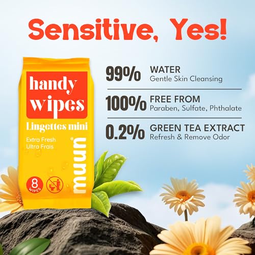 Muun Mini Travel Wipes (8 packs, 8 wipes each) - Compact Wet Wipes for Hands and Face, Green Tea Scent, On The Go Wipes for Camping & Travel, Skin-Friendly for Adults, Total 64 Ct. - Image 4
