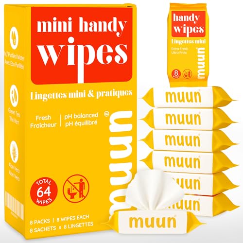 Muun Mini Travel Wipes (8 packs, 8 wipes each) - Compact Wet Wipes for Hands and Face, Green Tea Scent, On The Go Wipes for Camping & Travel, Skin-Friendly for Adults, Total 64 Ct. - Image 1