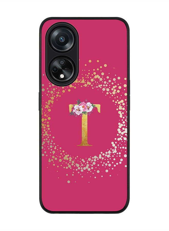 Stylizedd Rugged Black edge case for Oppo A98 5G, Slim fit Thin Cover- Custom Monogram Initial Letter Floral Pattern Alphabet- T (Deep Pink rose)  - Image 1