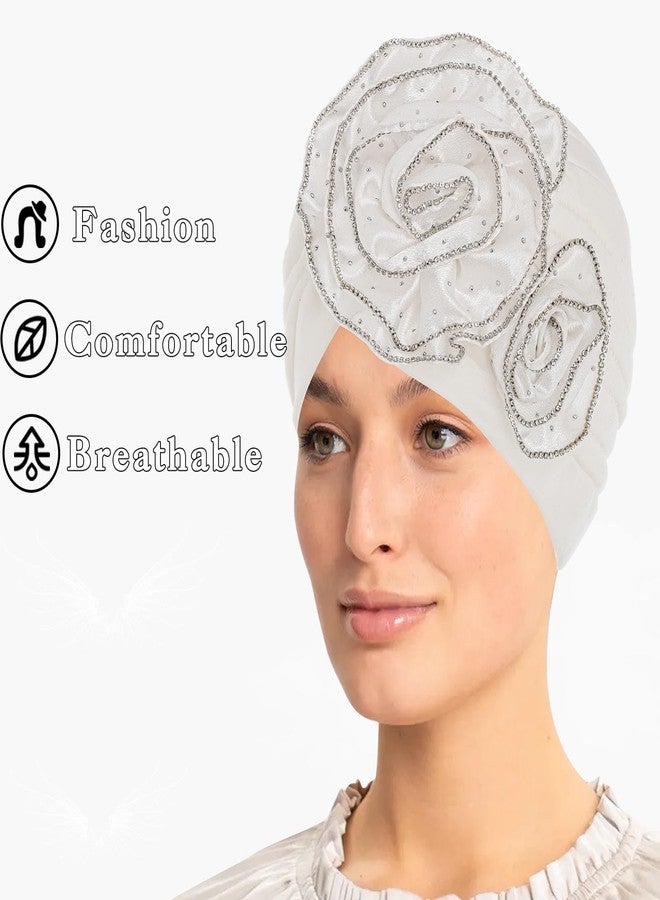 Bohend African Turban Cap Women Flower Wide Beanie Rhinestone Stretchy Head Wraps No Slip Head Covering White - Image 3