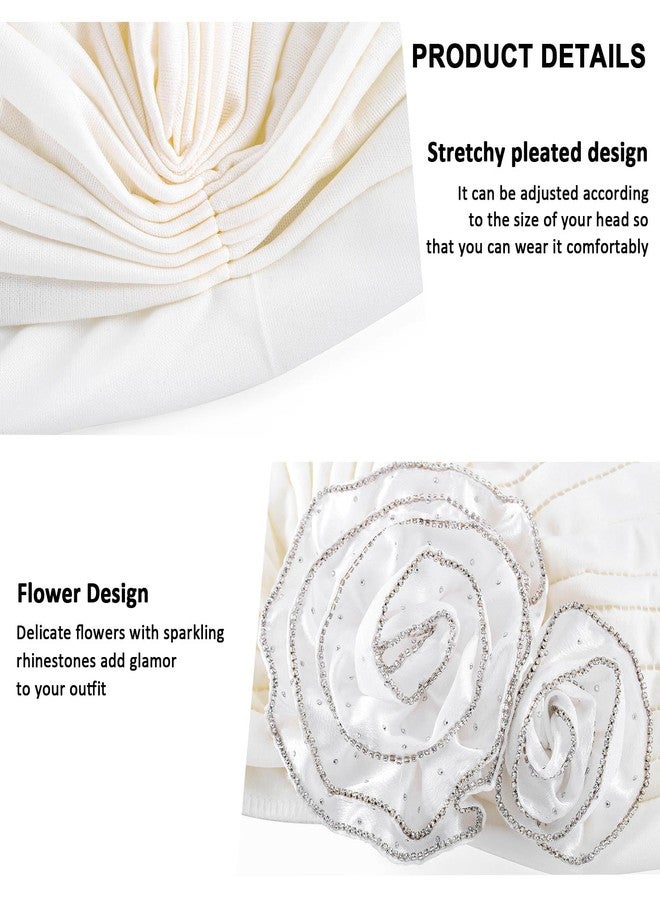 Bohend African Turban Cap Women Flower Wide Beanie Rhinestone Stretchy Head Wraps No Slip Head Covering White - Image 5