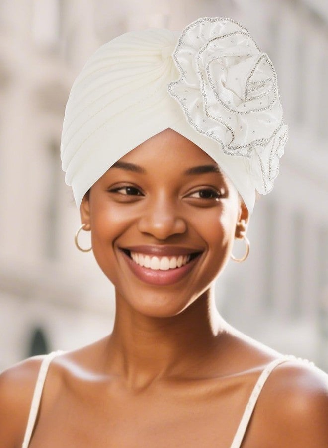 Bohend African Turban Cap Women Flower Wide Beanie Rhinestone Stretchy Head Wraps No Slip Head Covering White - Image 2
