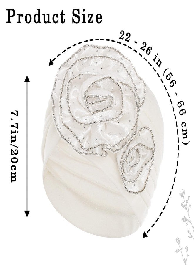 Bohend African Turban Cap Women Flower Wide Beanie Rhinestone Stretchy Head Wraps No Slip Head Covering White - Image 4