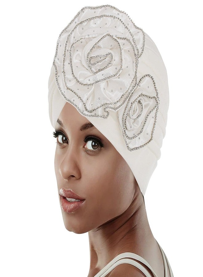 Bohend African Turban Cap Women Flower Wide Beanie Rhinestone Stretchy Head Wraps No Slip Head Covering White - Image 1