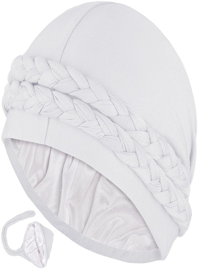 Ababalaya Silky Satin Lined Turban for Women Mens Halo Turban PRE-Tied Beanie Hats Silky Lined Durag Sleeping Bonnet Sleep Cap, White, 1 PCS - Image 1