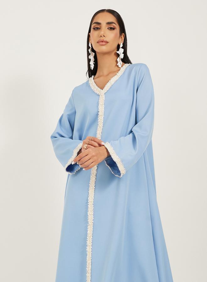 Styli Solid Tweed Lace Detail A-Line Jalabiya - Image 3